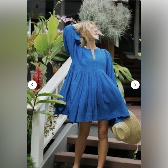Anthropologie Sundry Boho Puff Sleeve Tunic Mini Dress Blue Crinkle Gauze Sz XS - Picture 1 of 7